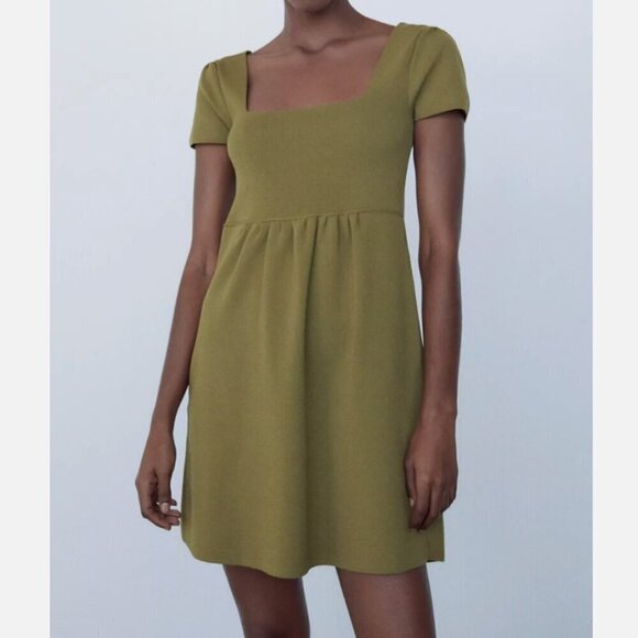 Zara Green Knit Babydoll Mini Dress Square Neck Small - Picture 2 of 9